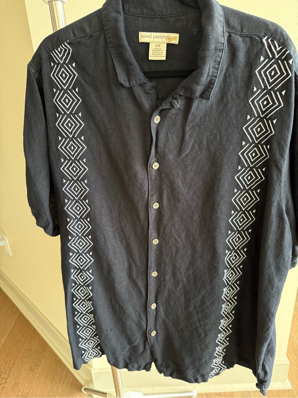 Passport Men’s Black Button-Up Short Sleeve Shirt with White Geo Trim